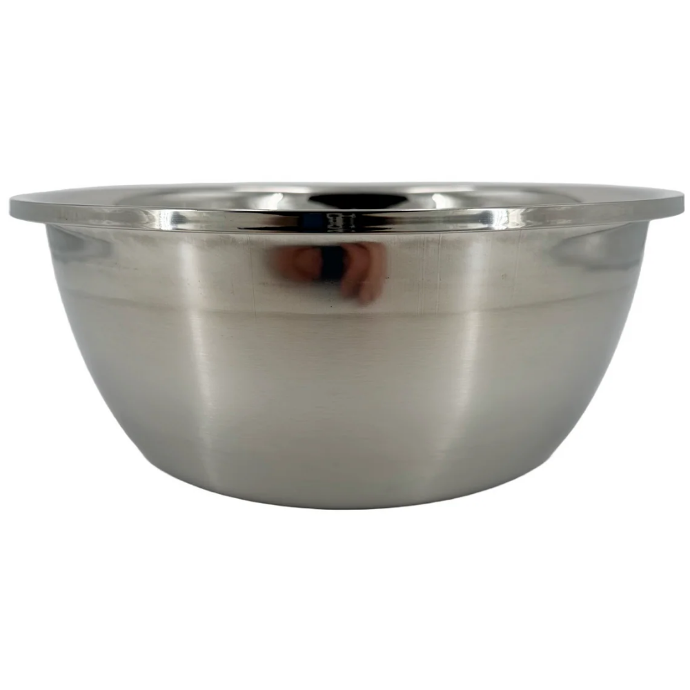 Top down view of a round LEO stainless steel wash basin for medical treatment chairs with a central drain hole.