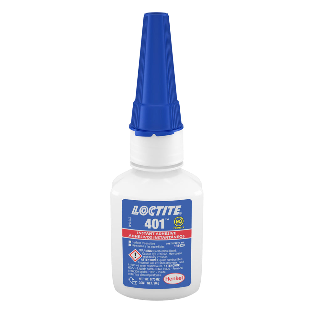 Loctite 401 Prism clear surface insensitive instant adhesive by Henkel in a 20g 0.70 oz white bottle with blue precision tip cap, part number 135429, for fast bonding of metals, plastics, and rubber