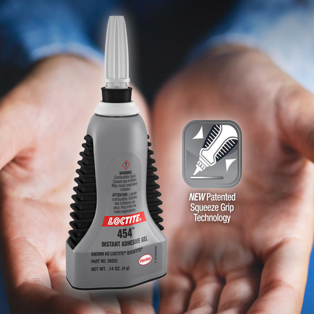 Person holding Loctite 454 QuickTite instant adhesive gel 4g bottle showcasing new patented squeeze grip technology for precise controlled application of cyanoacrylate super glue gel