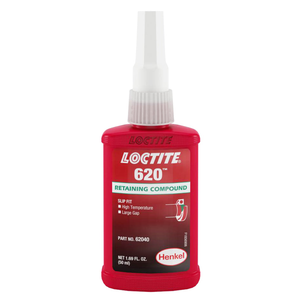 Loctite 620 green retaining compound by Henkel in a 50ml 1.69 fl oz red bottle with white precision tip, high temperature and large gap slip fit formula, part number 62040, for cylindrical assembly bonding