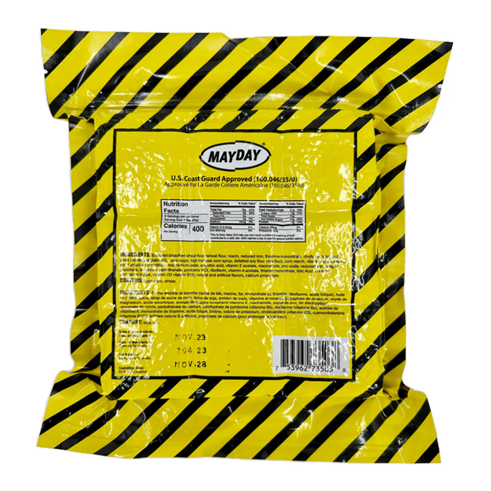 Nutrition facts and ingredients for Mayday 3600 calorie emergency food ration bar.