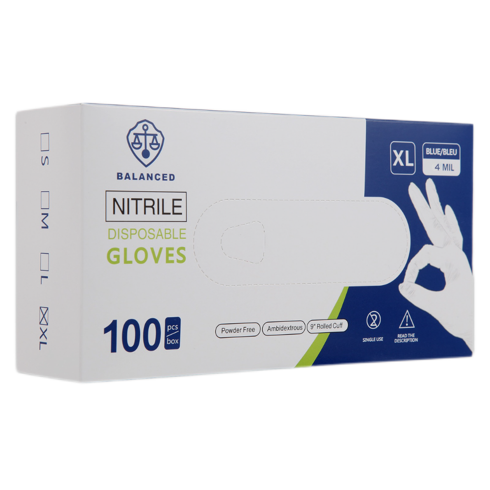 BALANCED Disposable Nitrile Gloves (Blue), 4 mil, 100pcs per Box
