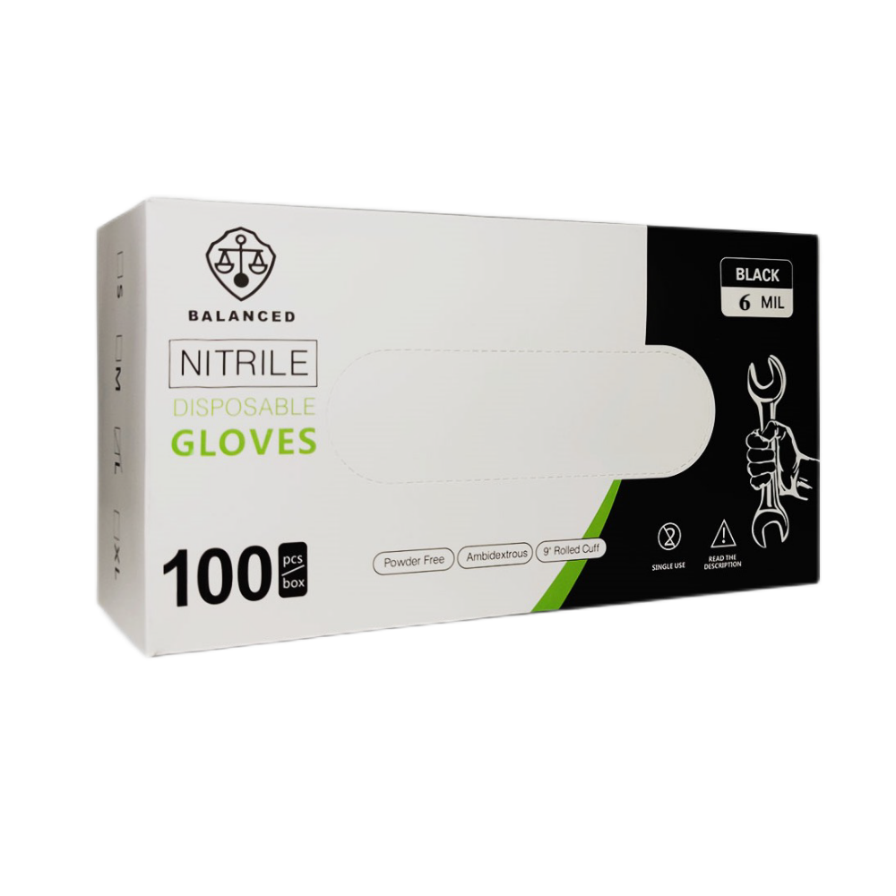 BALANCED Disposable Nitrile Gloves (Black), 6 mil, 100pcs per Box