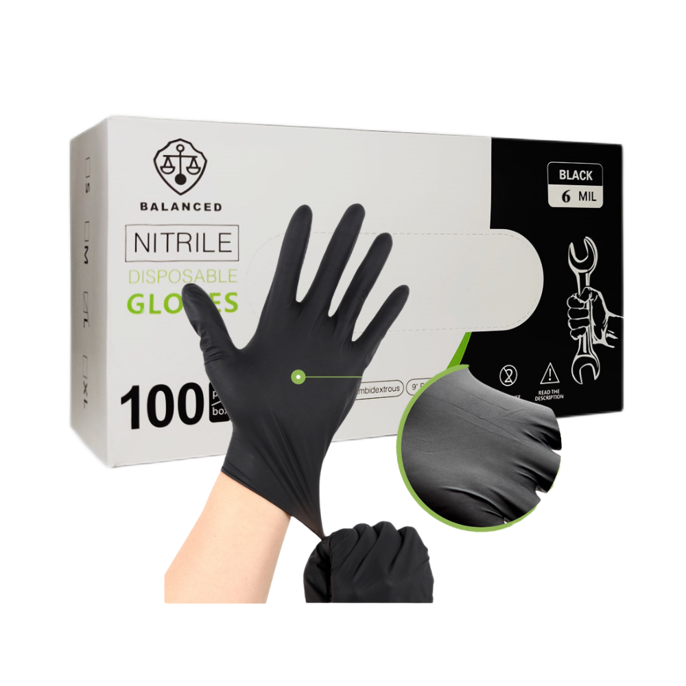 BALANCED Disposable Nitrile Gloves (Black), 6 mil, 100pcs per Box
