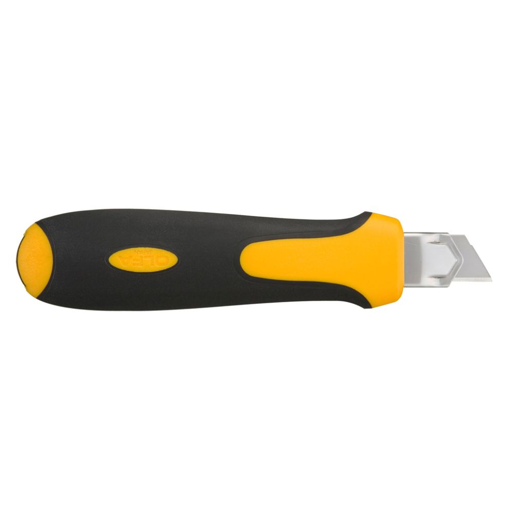 Reverse side of the yellow and black OLFA UTC-1 utility knife handle