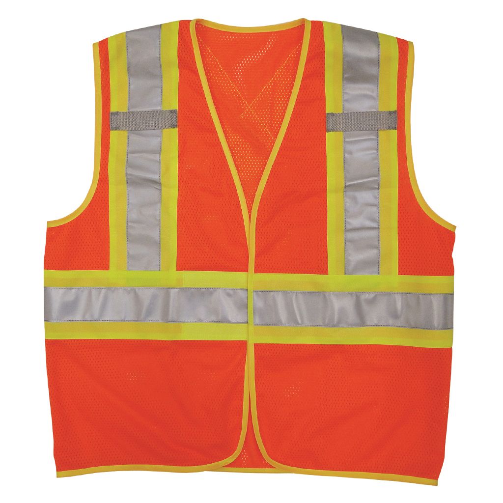 Front view of an Open Road BTE neon orange mesh safety vest featuring high-visibility yellow and silver reflective stripes
