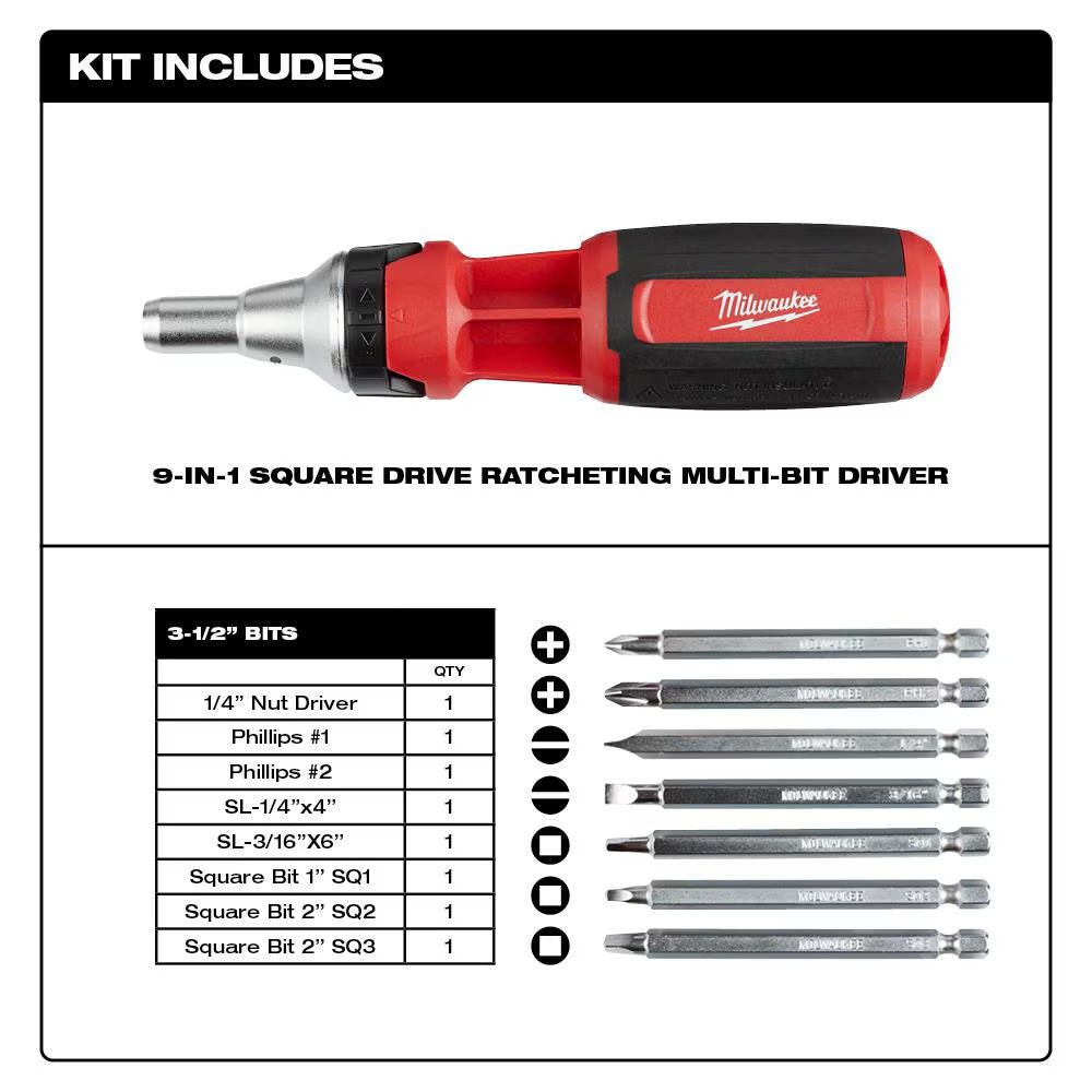Milwaukee 48-22-2322 Tool 9-in-1 Square Drive Ratcheting Multi-Bit Screwdriver