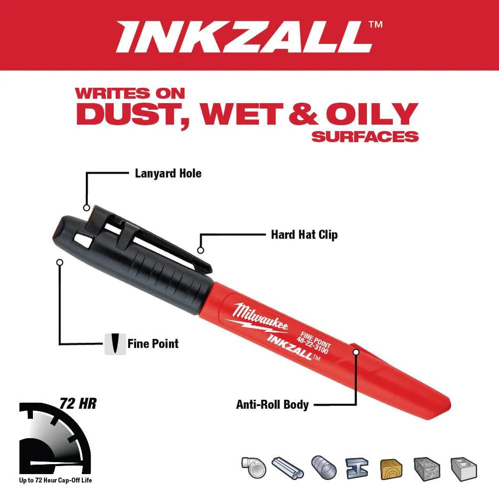 Milwaukee 48-22-3100 Tool INKZALL Black Fine Point Jobsite Permanent Marker