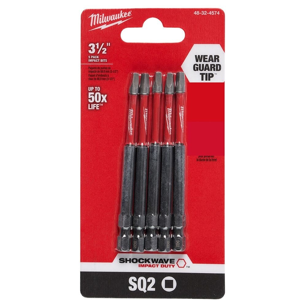Milwaukee 48-32-4574 Tool SHOCKWAVE Impact Duty 3-1/2 inch Square #2 Alloy Steel Screw Driver Bit (5-Pack)