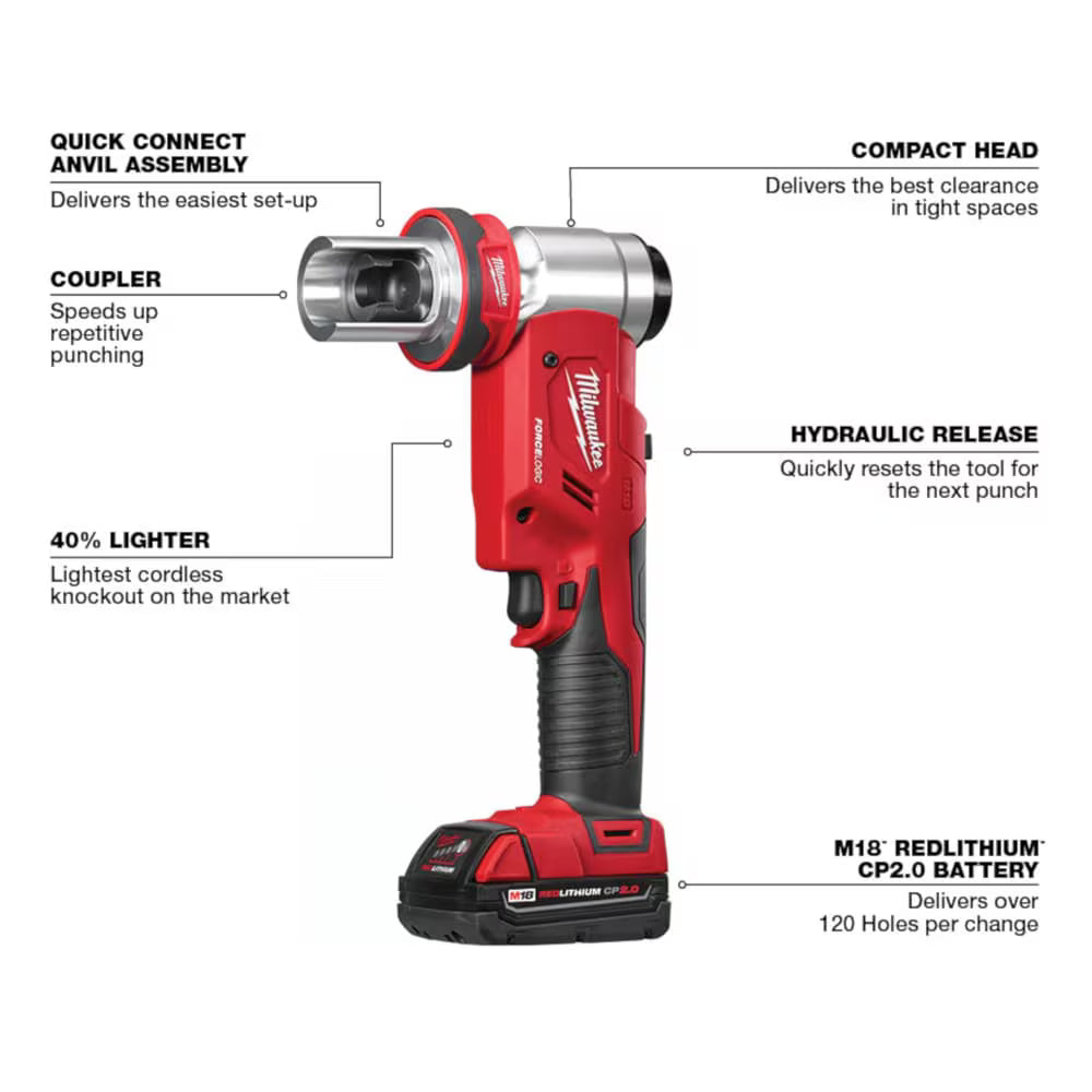 Milwaukee 2677-23 Tool M18 18-Volt Li-Ion 1/2 -inch - 4 -inch FORCE LOGIC 6 Ton Cordless Knockout Kit 2.0Ah Battery