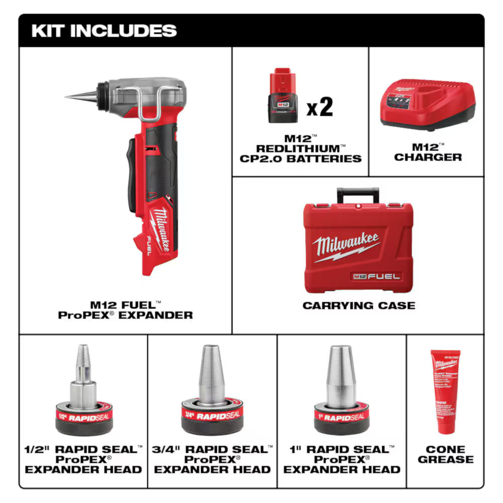 Milwaukee 2532-22 Tool M12 Fuel Cordless 3/8 -inch - 1 -inch PEX Expansion Tool Kit with (2) Batteries, (3) Expansion Heads