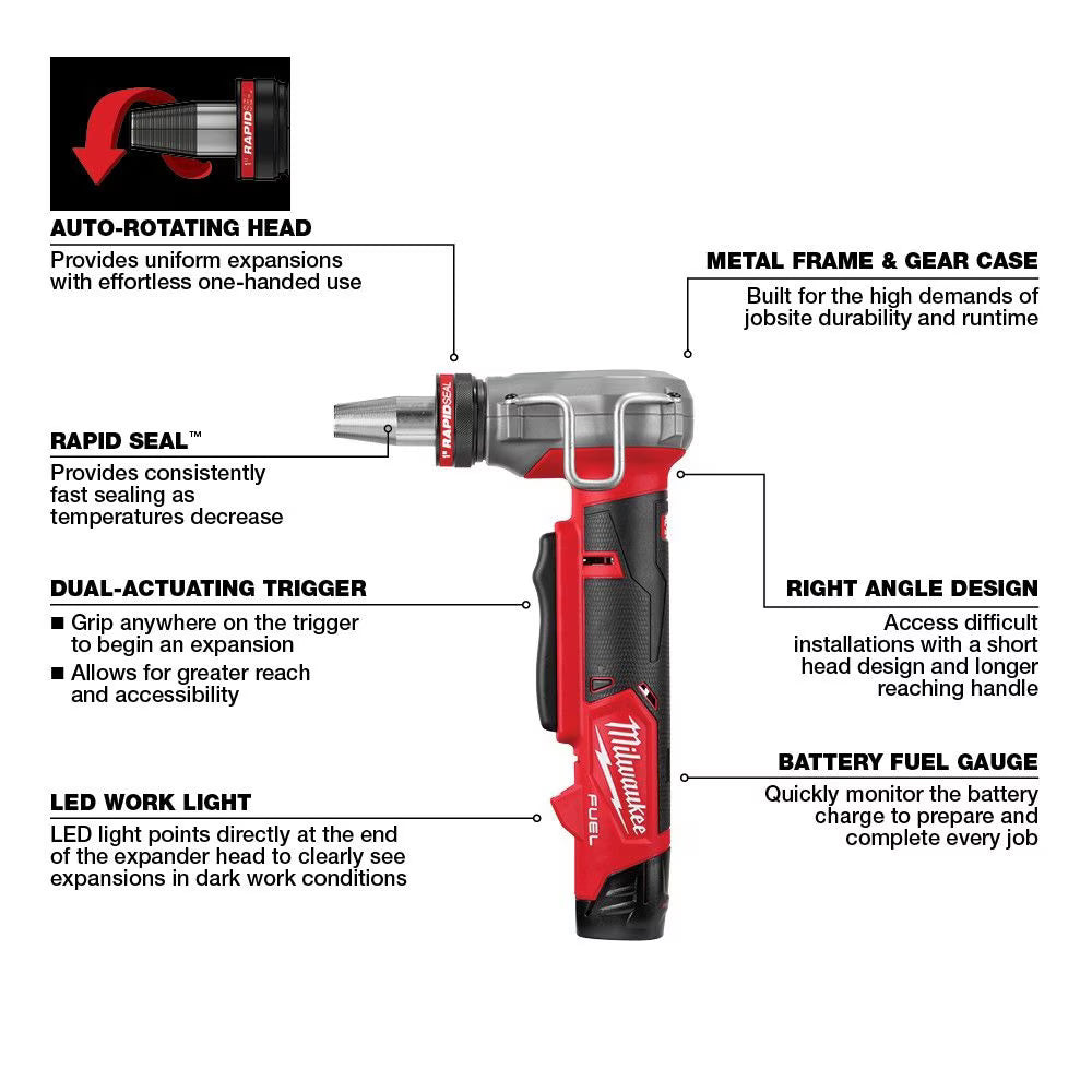 Milwaukee 2532-22 Tool M12 Fuel Cordless 3/8 -inch - 1 -inch PEX Expansion Tool Kit with (2) Batteries, (3) Expansion Heads