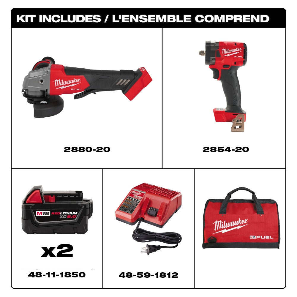 Milwaukee 2991-22 Tool M18 FUEL18-Volt Li-Ion Brushless Grinder and 3/8 Impact Wrench Kit (2-Tool) with (2) 5Ah Batteries