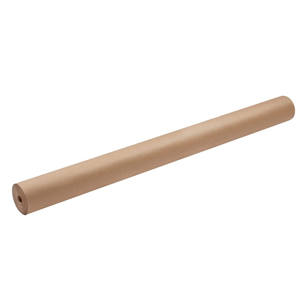 A single long, tightly wound roll of natural brown packing paper lying horizontally across a clean white background