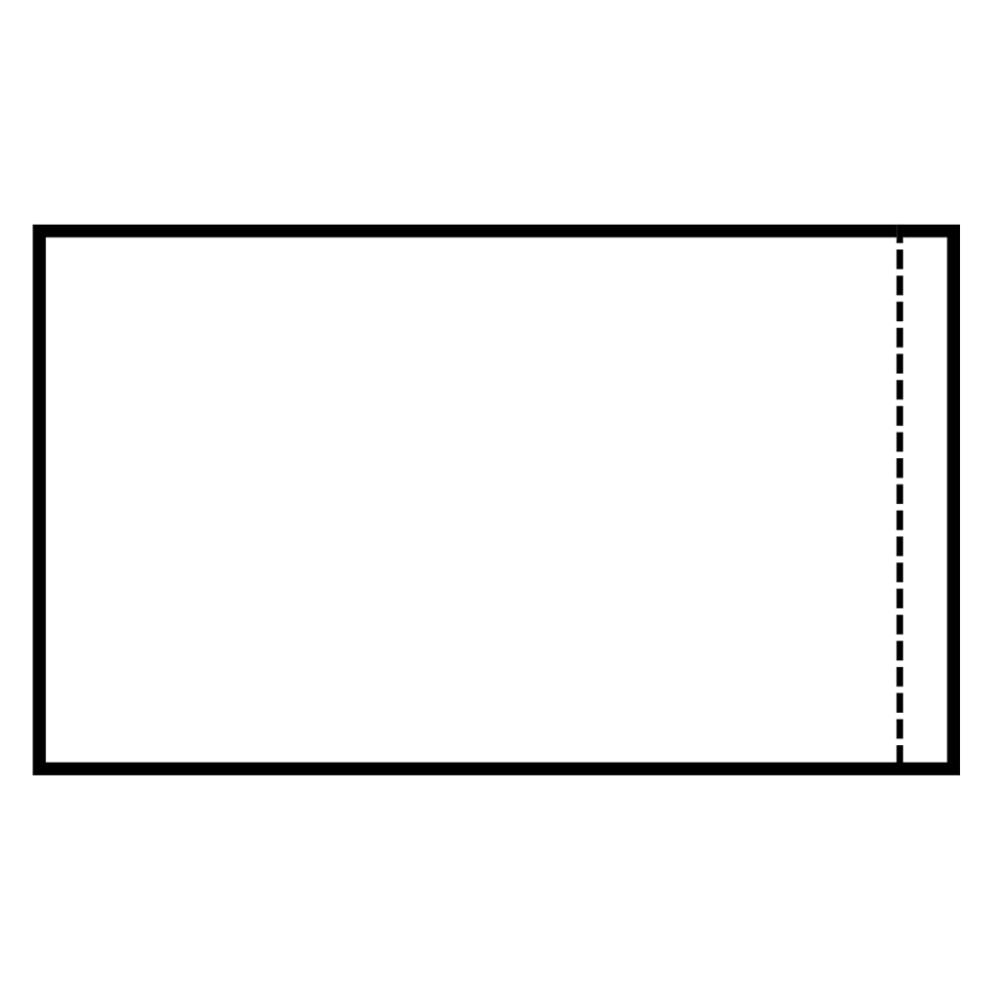 A schematic diagram of a plain clear side-loading packing list envelope with a vertical dotted opening line on a clean white background