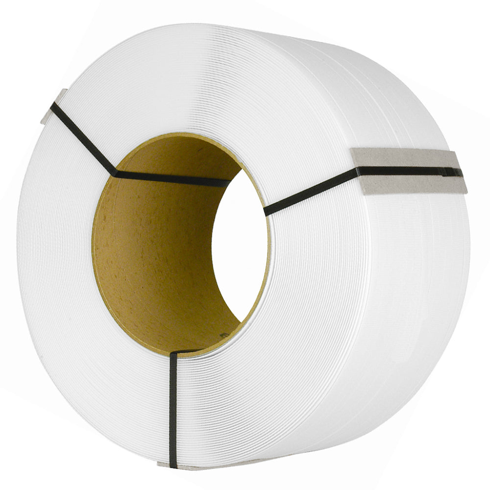A single large industrial roll of solid white embossed polypropylene banding strapping with a heavy-duty cardboard inner core isolated on a white background