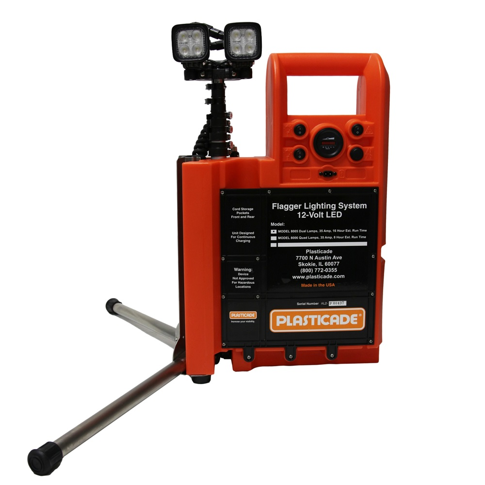 Portable 12-volt LED flagger lighting system featuring dual-head lamps, an orange heavy-duty housing, and a stabilizing tripod base for work zone safety.