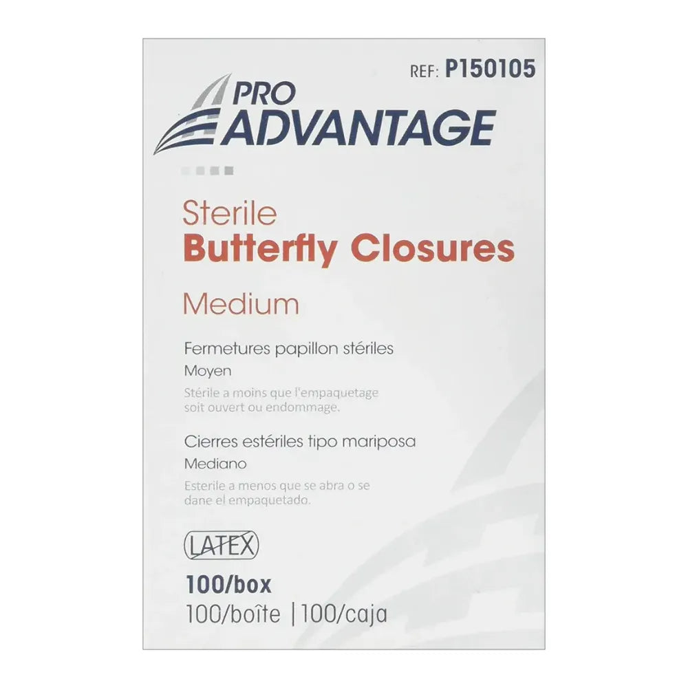 Front view of a box of 100 Pro Advantage medium sterile butterfly wound closures featuring latex-free labeling and multilingual product descriptions