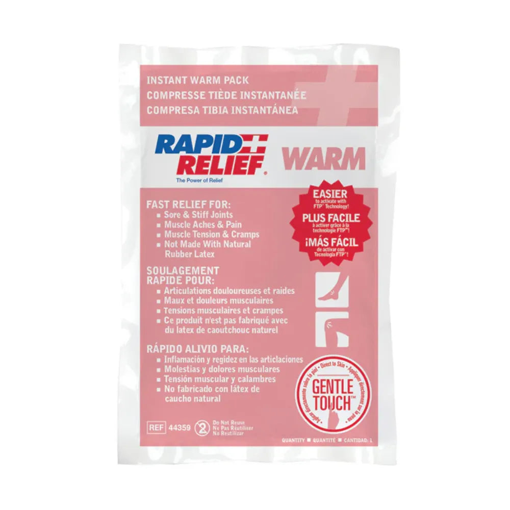 Front packaging of a Rapid Relief Instant Warm Pack with FTP technology for quick heat therapy on sore joints and muscle aches.