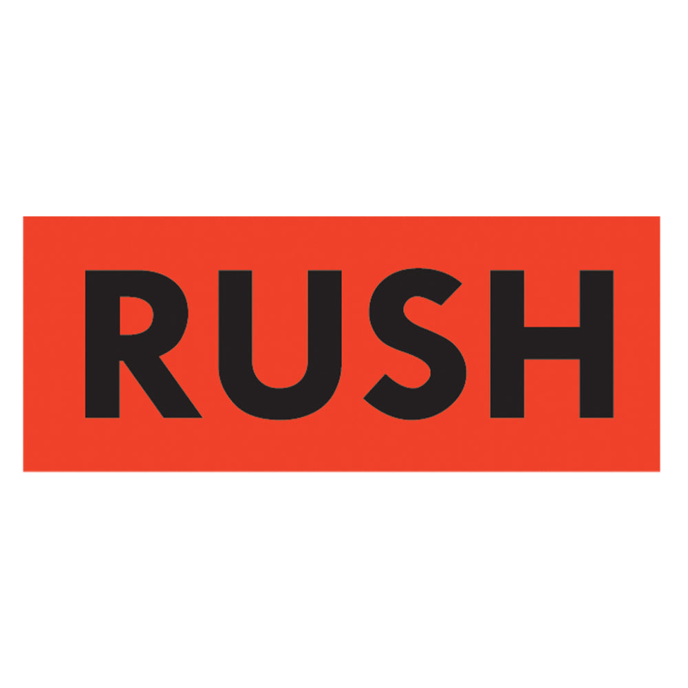 A single rectangular shipping handling warning label with a vibrant neon red background and bold black text reading RUSH