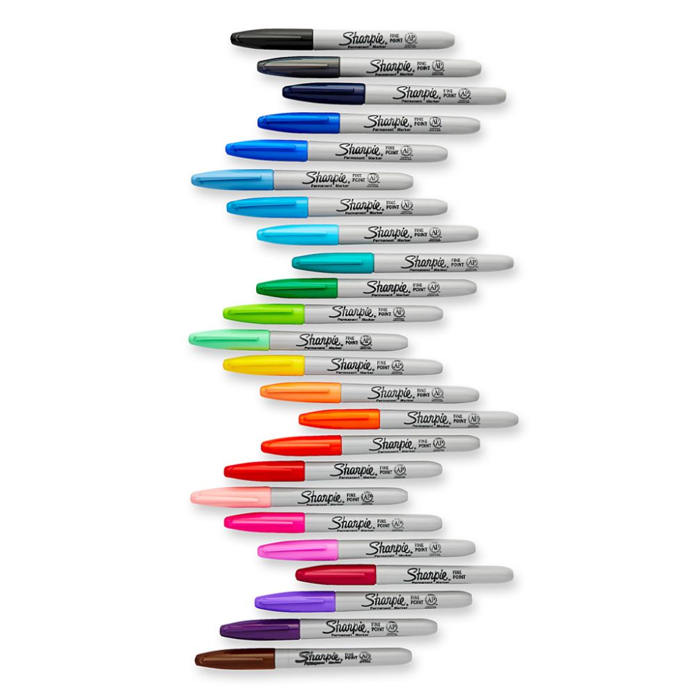 Sharpie fine point permanent markers set of 24 assorted colors arranged in a row