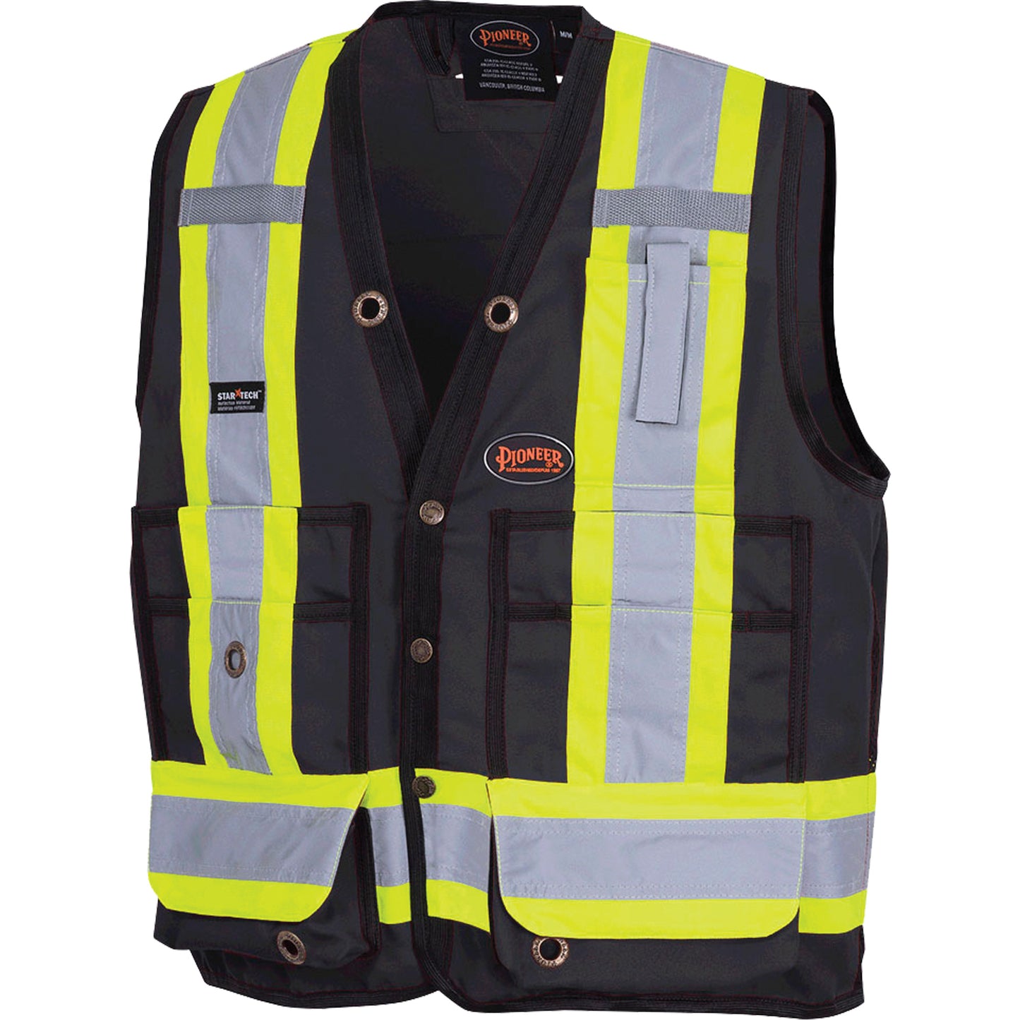 Pioneer 6692BK Surveyor's Safety Vest – Black, Medium, 17-Pocket, StarTech® Reflective Tape, CSA Z96 Class 1 Level 2