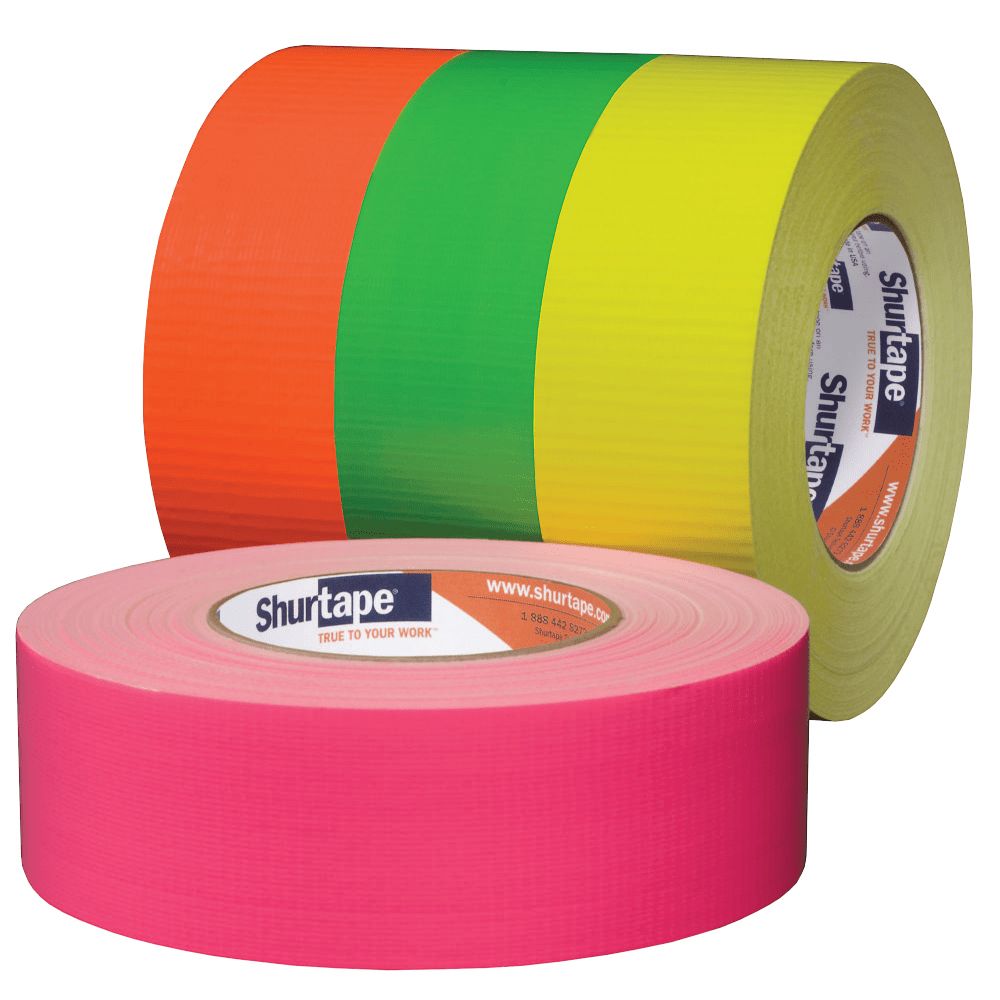 Assorted rolls of Shurtape neon fluorescent gaffer tape in pink, orange, green, and yellow.