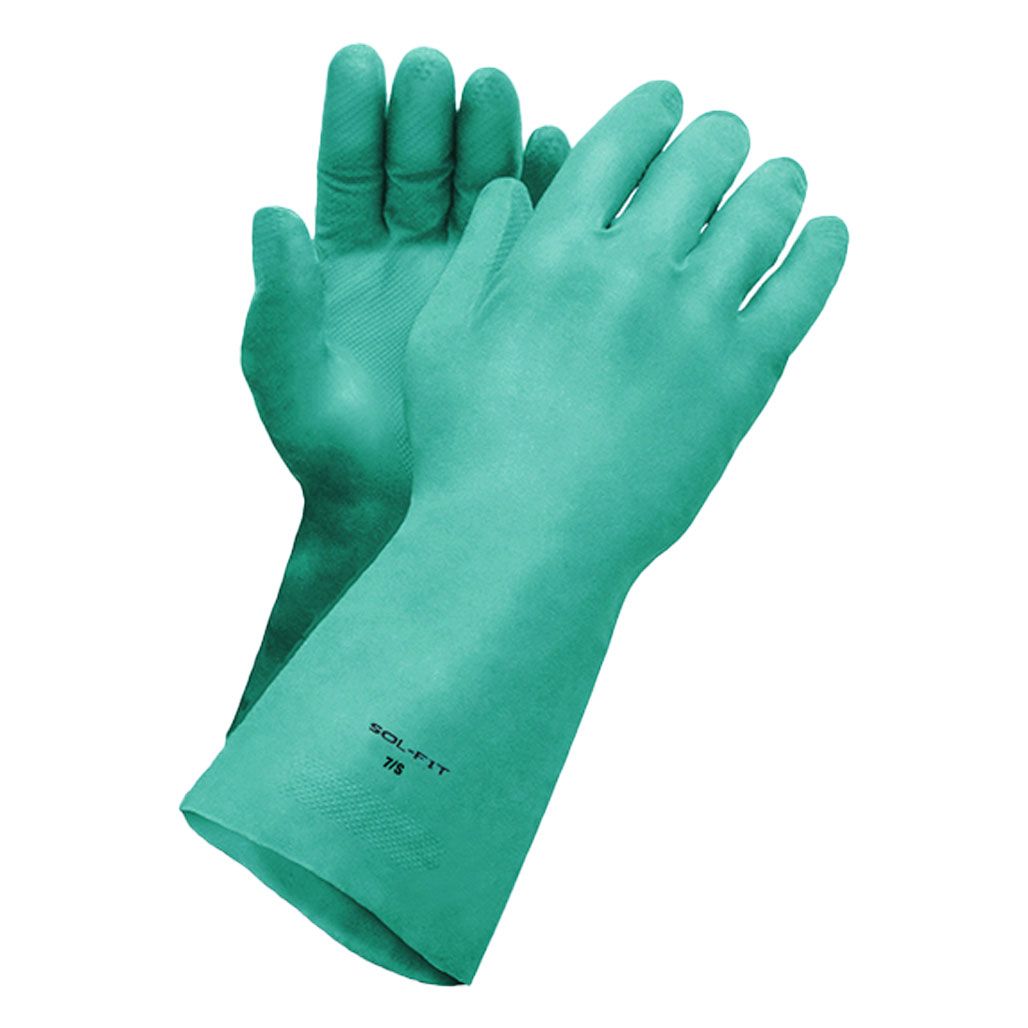 Pair of Sol-Fit unlined green nitrile chemical resistant gloves with textured palms on a solid white background
