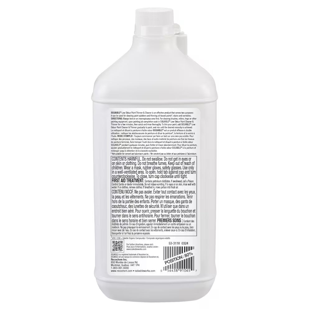 Back label of Solvable Low Odour Paint Cleaner and Thinner showing dual-use directions and safety warnings