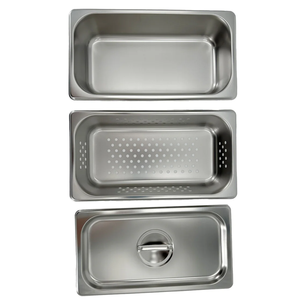 Three LEO L-12455 stainless steel sterilizer instrument trays neatly stacked together to demonstrate efficient medical storage capability.