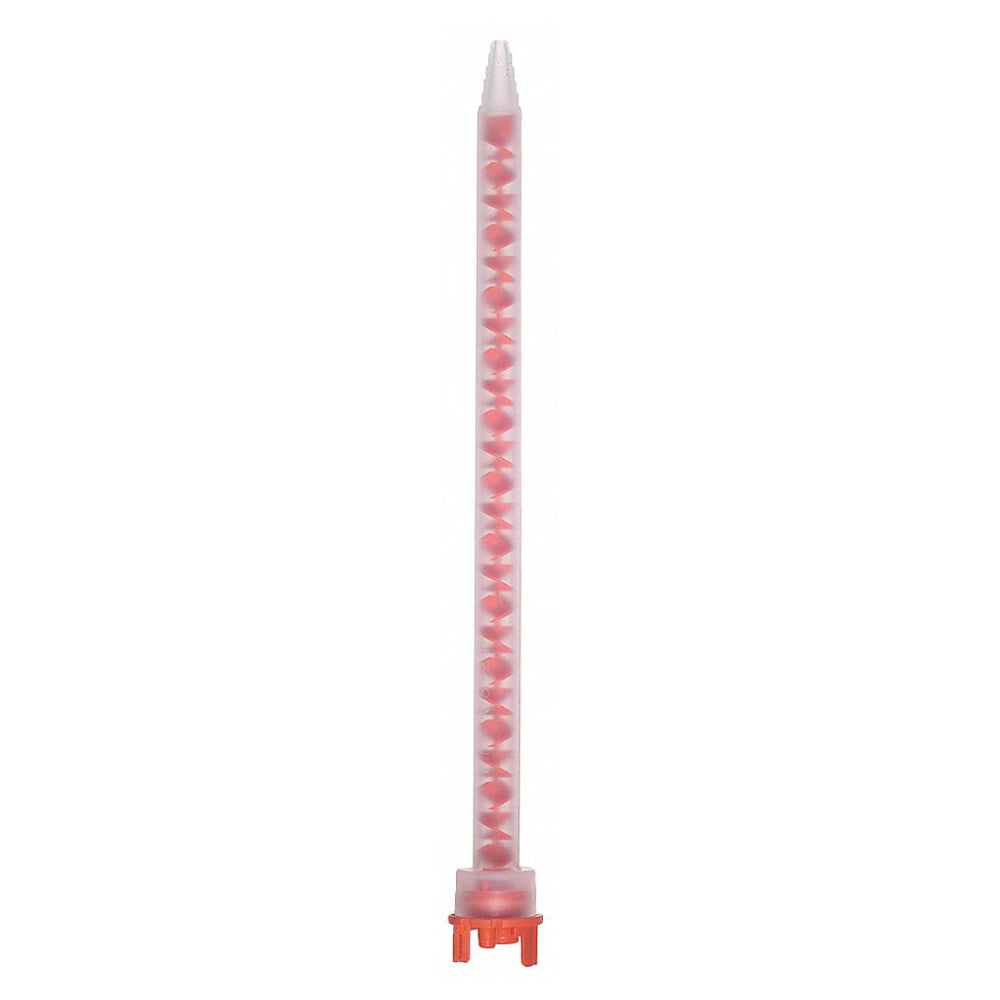 Static mix nozzle part 1084255 with red helical elements, an orange base, and a stepped tip for 490ml F-System 10:1 dual cartridges.