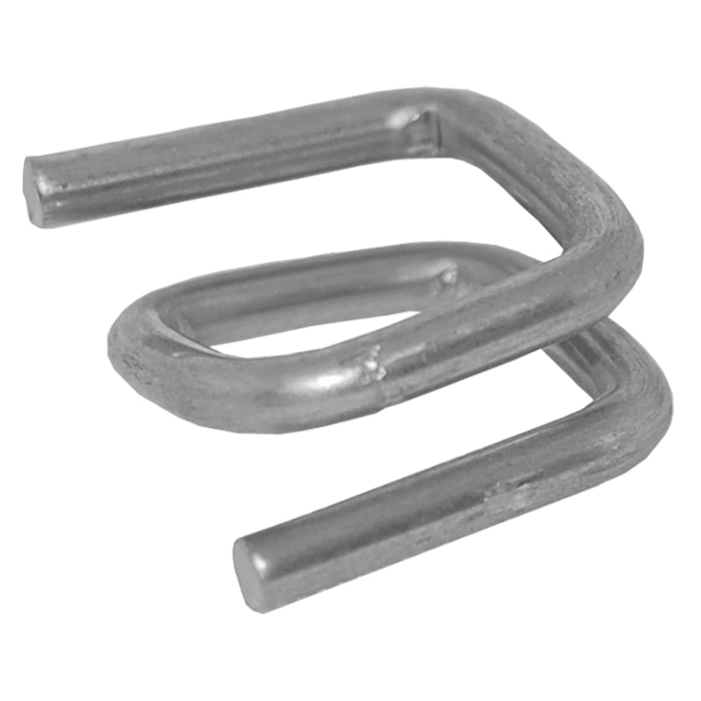 A single silver galvanized steel wire strapping buckle showing its looped open-ended design for plastic banding isolated on a white background