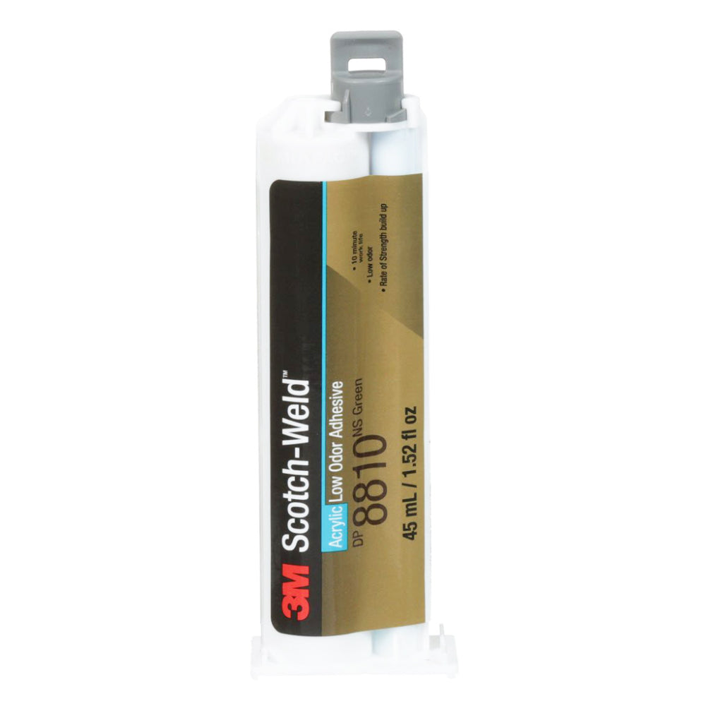 Scotch-Weld™ DP8810NS low odour acrylic structural adhesive 45ML Duo-Pak cartridge with green non-sag formula for industrial bonding and assembly applications.