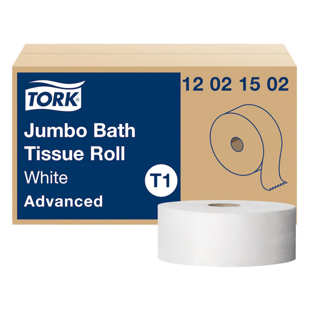 A shipping box for Tork Advanced Jumbo Bath Tissue Roll White 12 02 15 02 T1 system paired with a loose jumbo toilet paper roll isolated on a white background