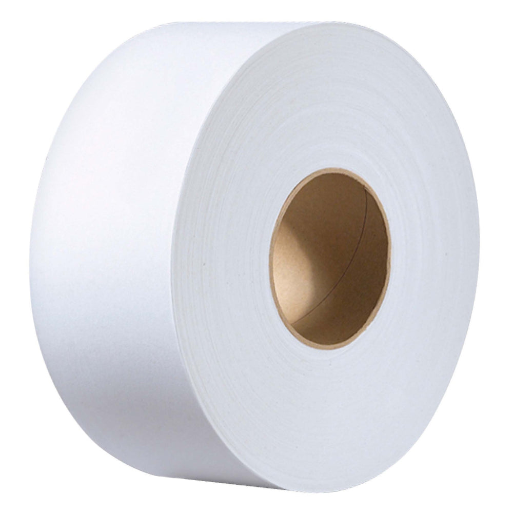 A large white Tork T2 system jumbo toilet paper roll with a brown cardboard center core isolated on a white background