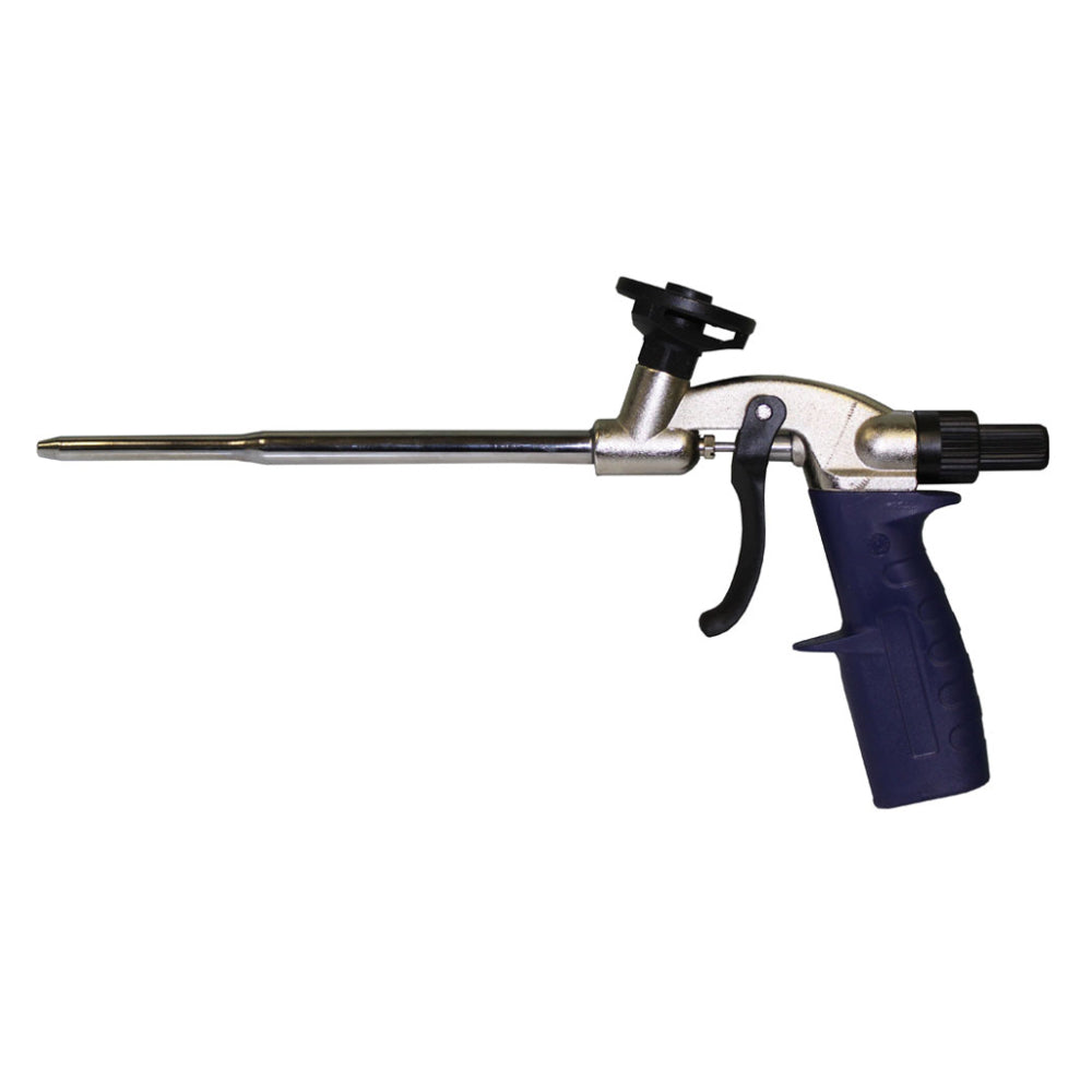 Ultraseal G2 professional dispensing foam gun with long stainless steel nozzle, metal die-cast body, blue ergonomic grip handle and flow control knob, for use with Ultraseal foaming systems and expanding foam sealants
