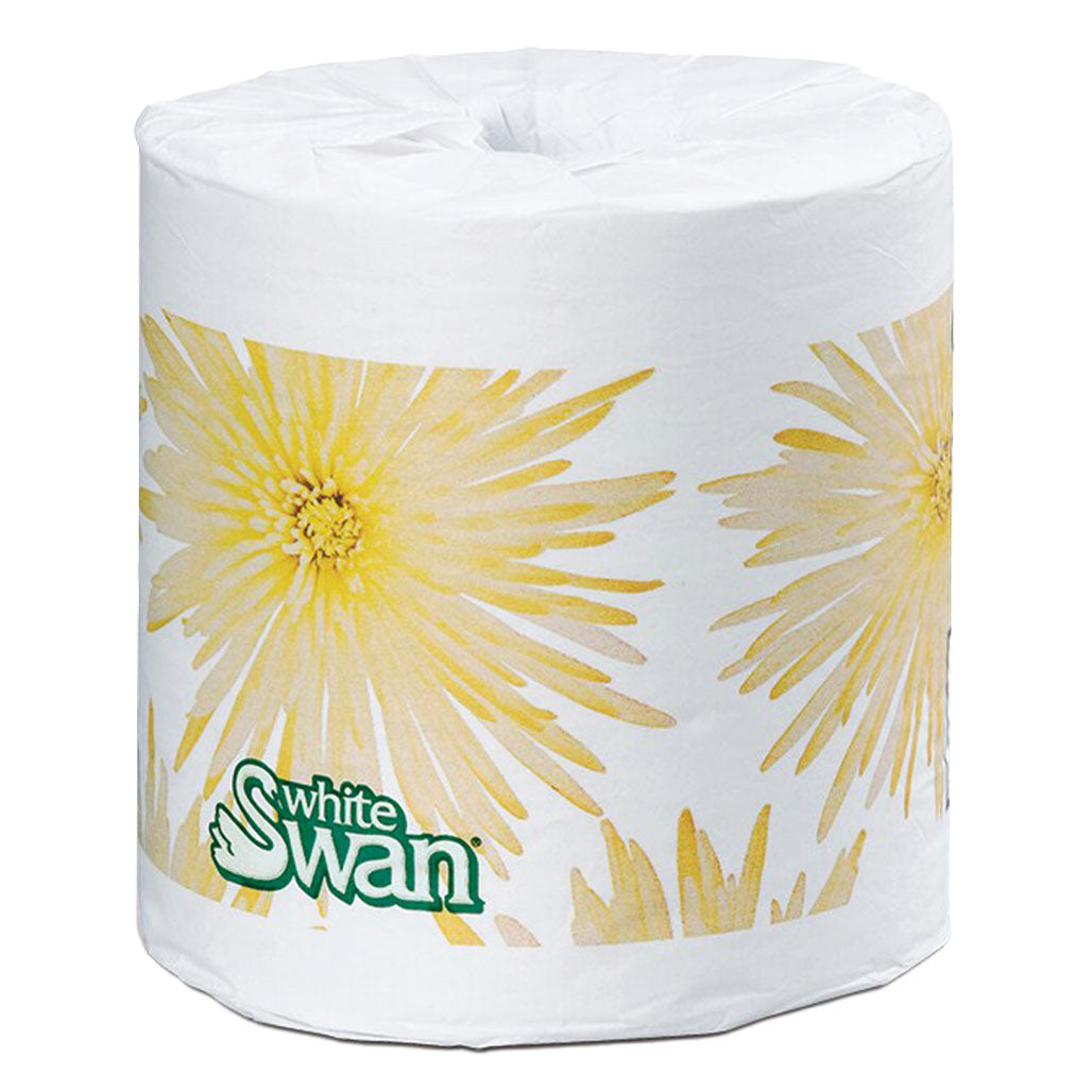 White Swan 05144 2-ply toilet paper roll, individually wrapped in paper featuring a yellow flower design, isolated on a white background.