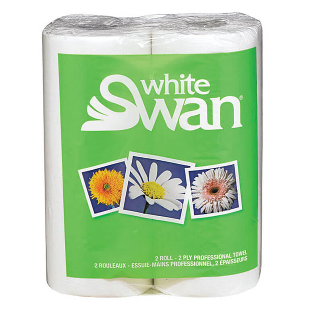 A clear plastic wrapped 2-roll pack of White Swan 2-ply professional household paper towels featuring a prominent green label with flower graphics isolated on a white background