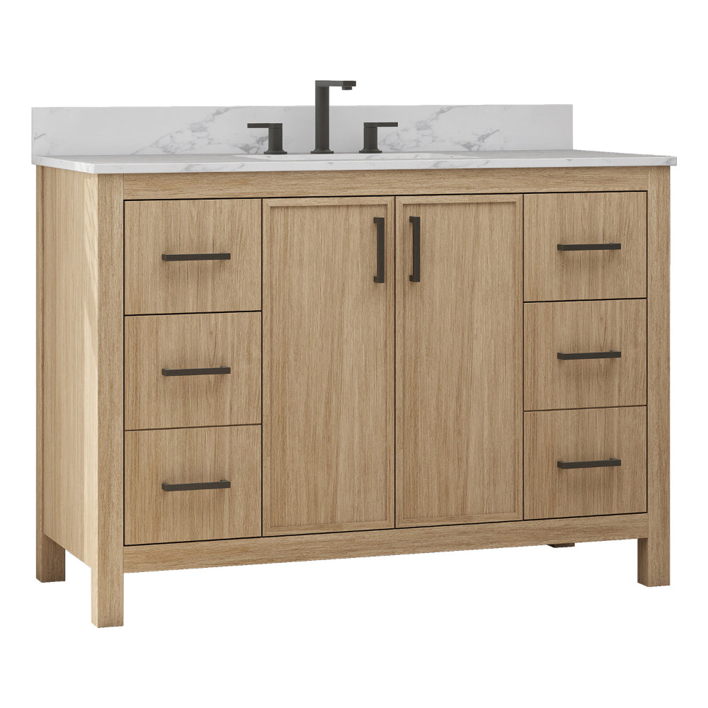 Contractor Solutions ADRIA48WO 48" White Oak Bathroom Vanity with White Carrara Marble Top & Black Hardware – 2/Skid