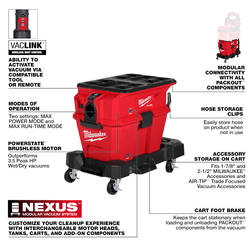 Milwaukee 0914-20 M18 FUEL NEXUS Cordless Brushless 6 Gal Wet/Dry Vacuum with PACKOUT and VACLINK (Tool Only)