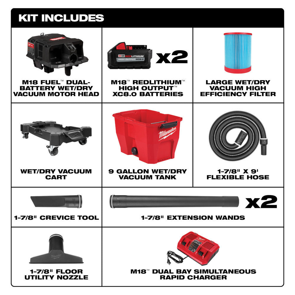 Milwaukee 0920-22HD M18 FUEL Cordless Dual-Battery 9 Gal Brushless Wet/Dry Vacuum Kit