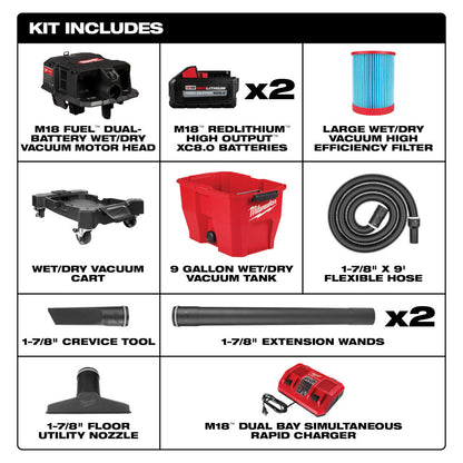 Milwaukee 0920-22HD M18 FUEL Cordless Dual-Battery 9 Gal Brushless Wet/Dry Vacuum Kit