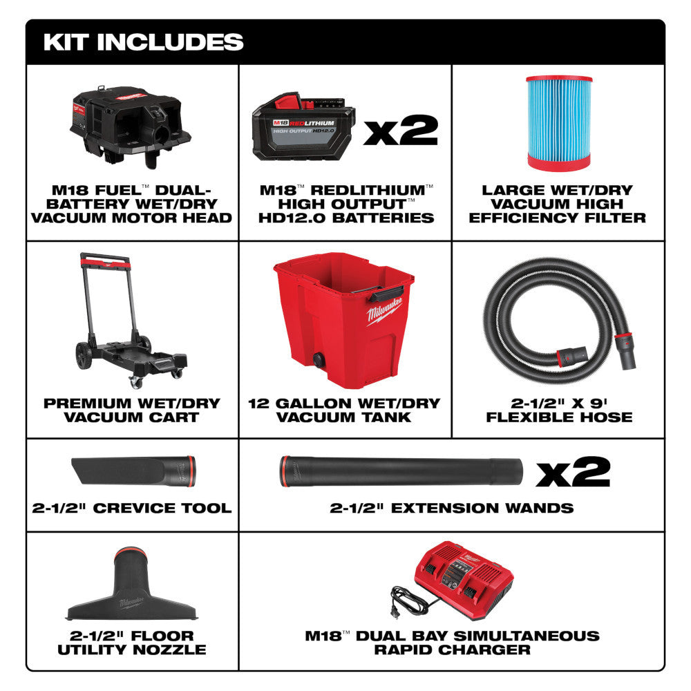 Milwaukee 0930-22HD M18 FUEL Cordless Dual-Battery 12 Gal Brushless Wet/Dry Vacuum Kit
