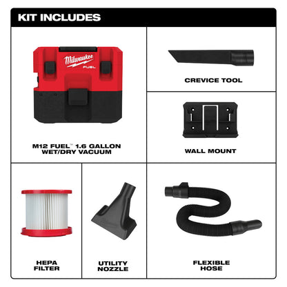 Milwaukee 0960-20 M12 FUEL Cordless 1.6 Gallon Wet/Dry Vacuum (Tool Only)