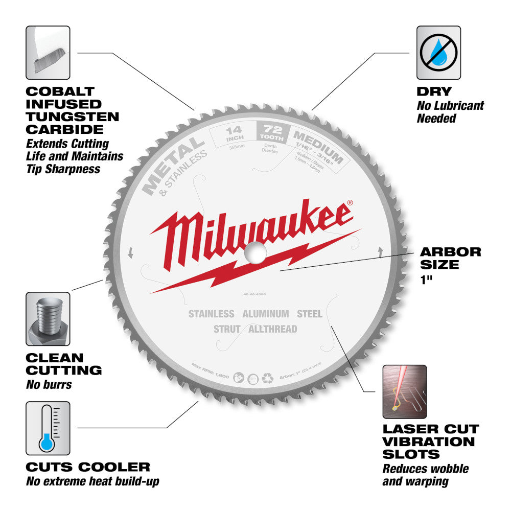 Milwaukee 48-40-4505 14in x 72T Ferrous Metal & Stainless Cutting Circular Saw Blade
