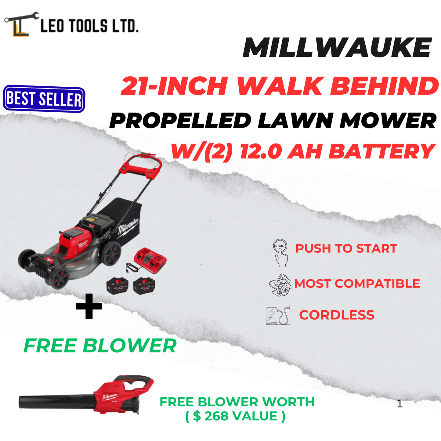 Milwaukee 2823-22HD M18 FUEL 18V Brushless Cordless 21-inch Walk Behind Self-Propelled Lawn Mower W/(2) 12.0 Ah Battery + Free Promo "M18 Blower"