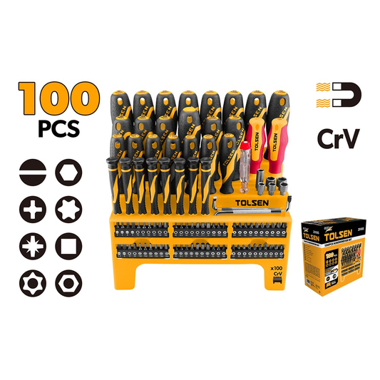 Tolsen 20185 100-Piece Professional Screwdriver Set with Magnetic Tips and Precision Bits