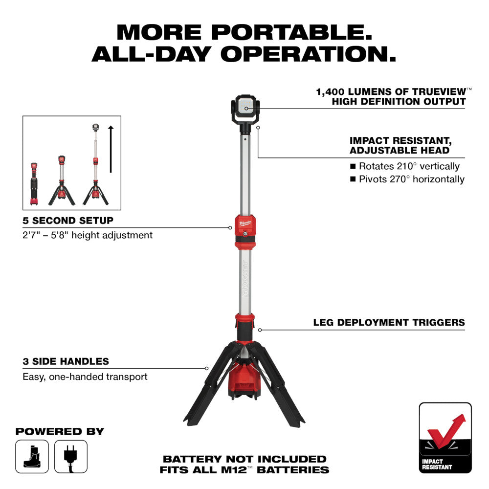 Milwaukee 2132-20 M12 ROCKET Dual Power LED Tower Light (Tool Only)
