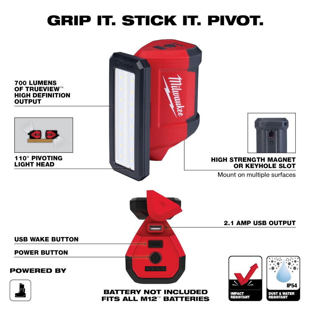 Milwaukee 2367-20 M12 12-Volt Lithium-Ion Cordless ROVER Service and Repair Flood Light with USB Charging - Tool Only
