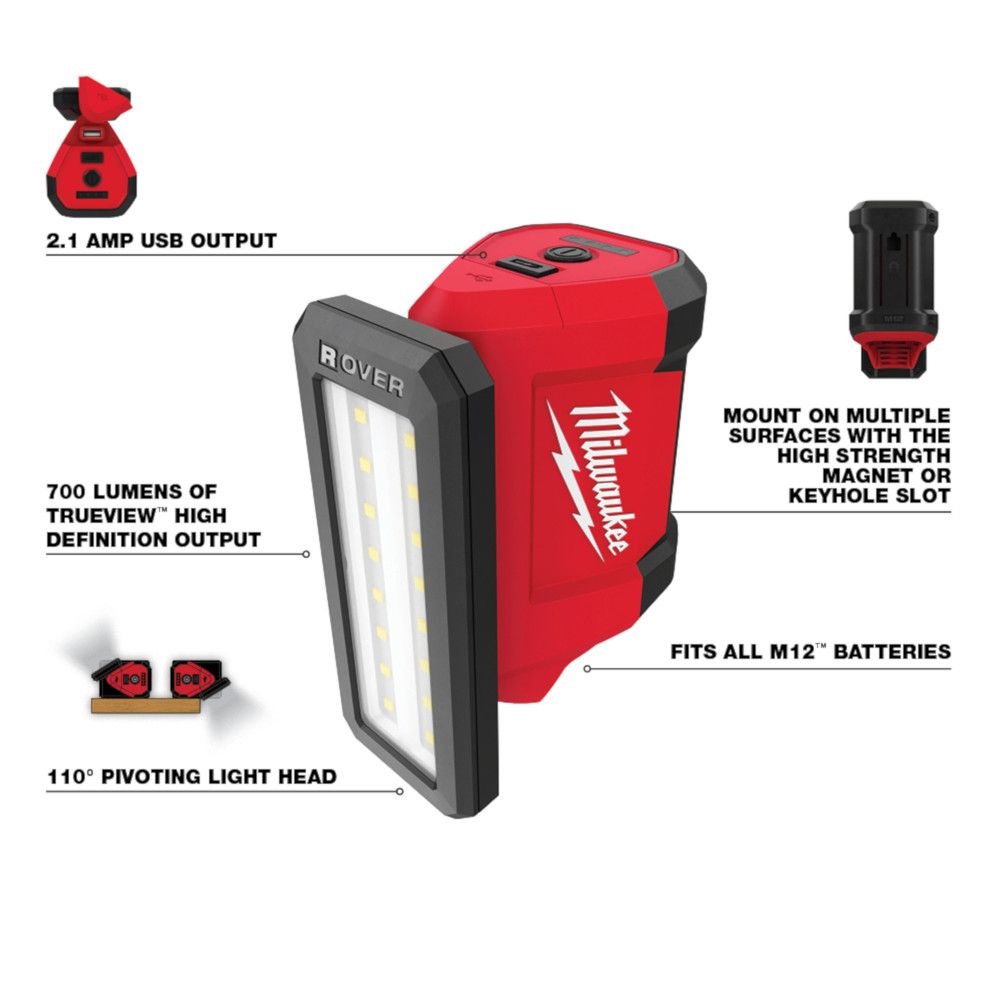 Milwaukee 2367-20 M12 12-Volt Lithium-Ion Cordless ROVER Service and Repair Flood Light with USB Charging - Tool Only